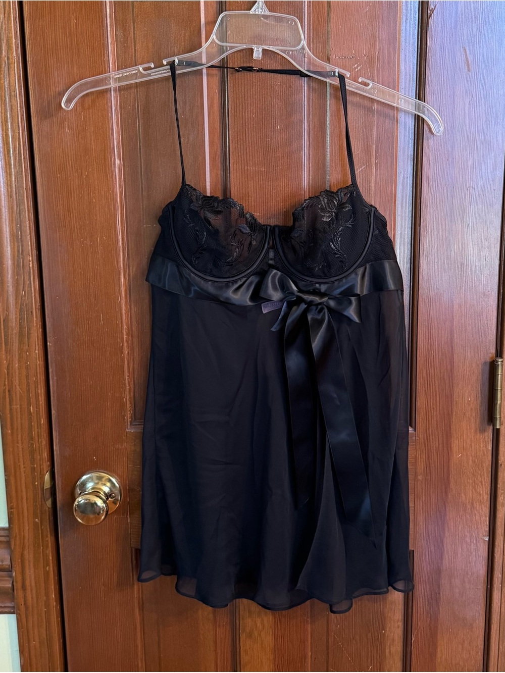 Victoria’s Secret Black Satin & Floral Babydoll with Bow EUC